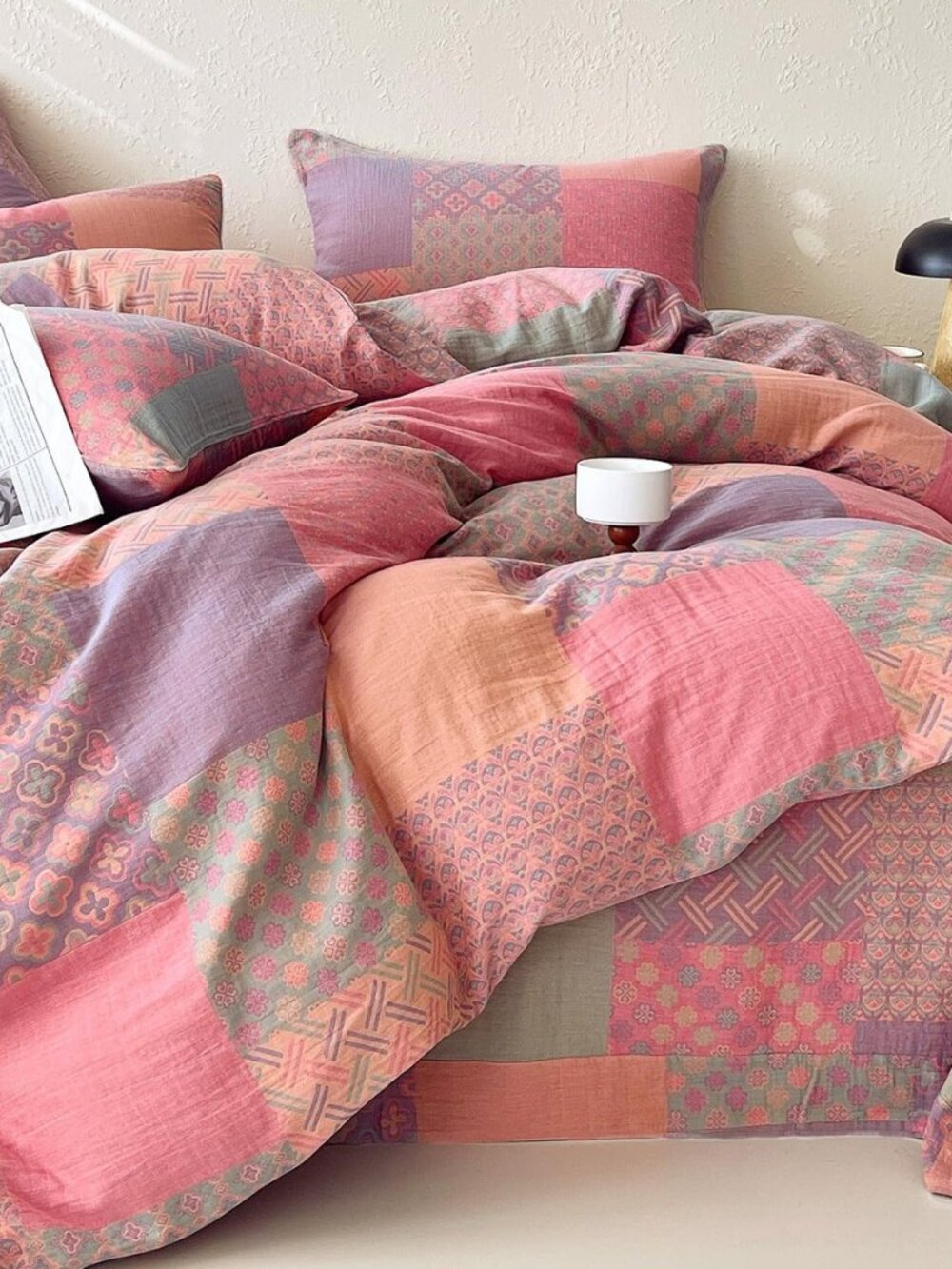 100% Cotton Double Layer Yarn Duvet Cover Set, Vintage Patchwork Floral Jacquard